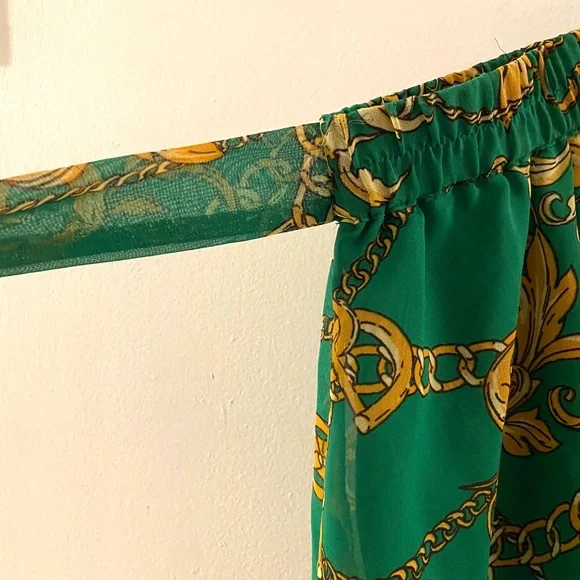 Green Baroque Scarf Print Sheer Maxi Skirt Gold Chain Regencycore Plus XL - Picture 2 of 7